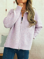 Women's Cardigan Zip-Up Contrast Collar Soft Acrylic Knit Sweater 1ad8c406944e4674b3cdb029bf99184e-Max-Origin Trendsi