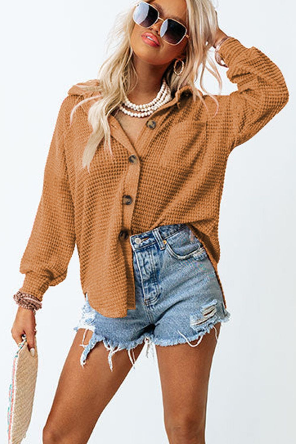 Waffle-Knit Women Shirt Collared Neck Long Sleeve Pocketed Single Breasted 1ae1ef62-4e9e-4c8f-b13a-353df3c1136e-Max Trendsi