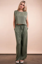VERY J Outfit Set Olive Woven Top & High Waisted Pants Pocketed 2 Pcs Olive 1ae601d90afa478c888d1a23a0a2ea50-Max-Origin Trendsi