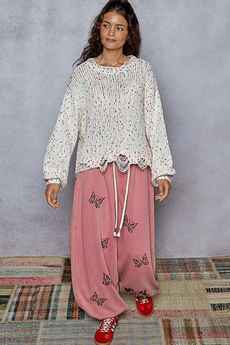 POL Sweater Knit White Pink Colorful Round Neck Fringed Distressed Hem 1ae73717-6aad-4876-bbb6-7cd613d5e133-Max-Origin Trendsi