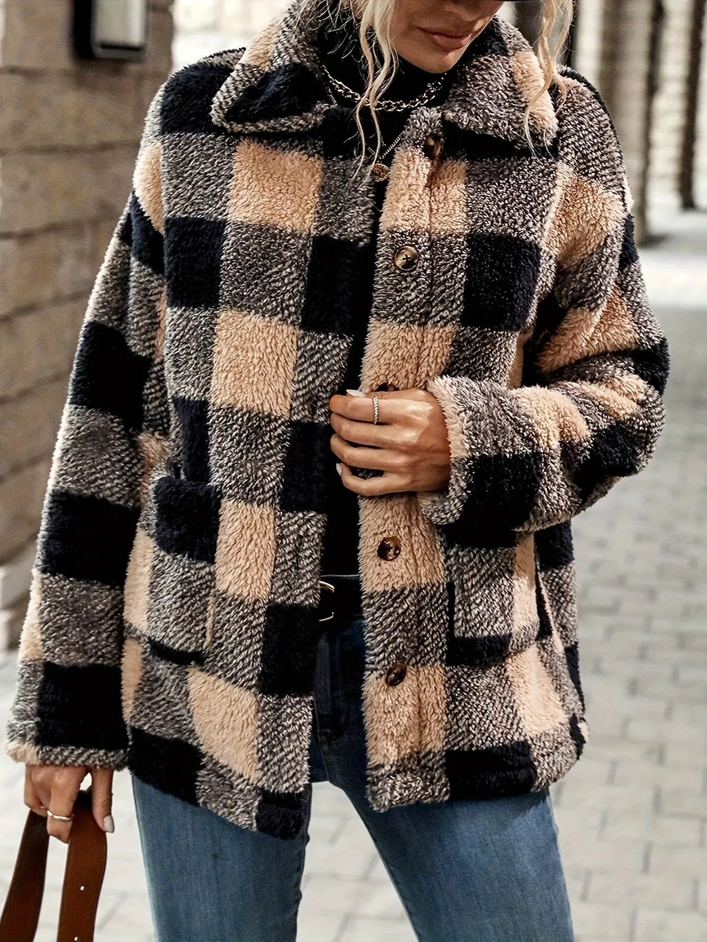 Womens Jacket Plaid Sherpa Button-Down Outerwear Coat Camel 1ae78d2a220e46f6baf35468d1312fcd-Max-Origin Trendsi
