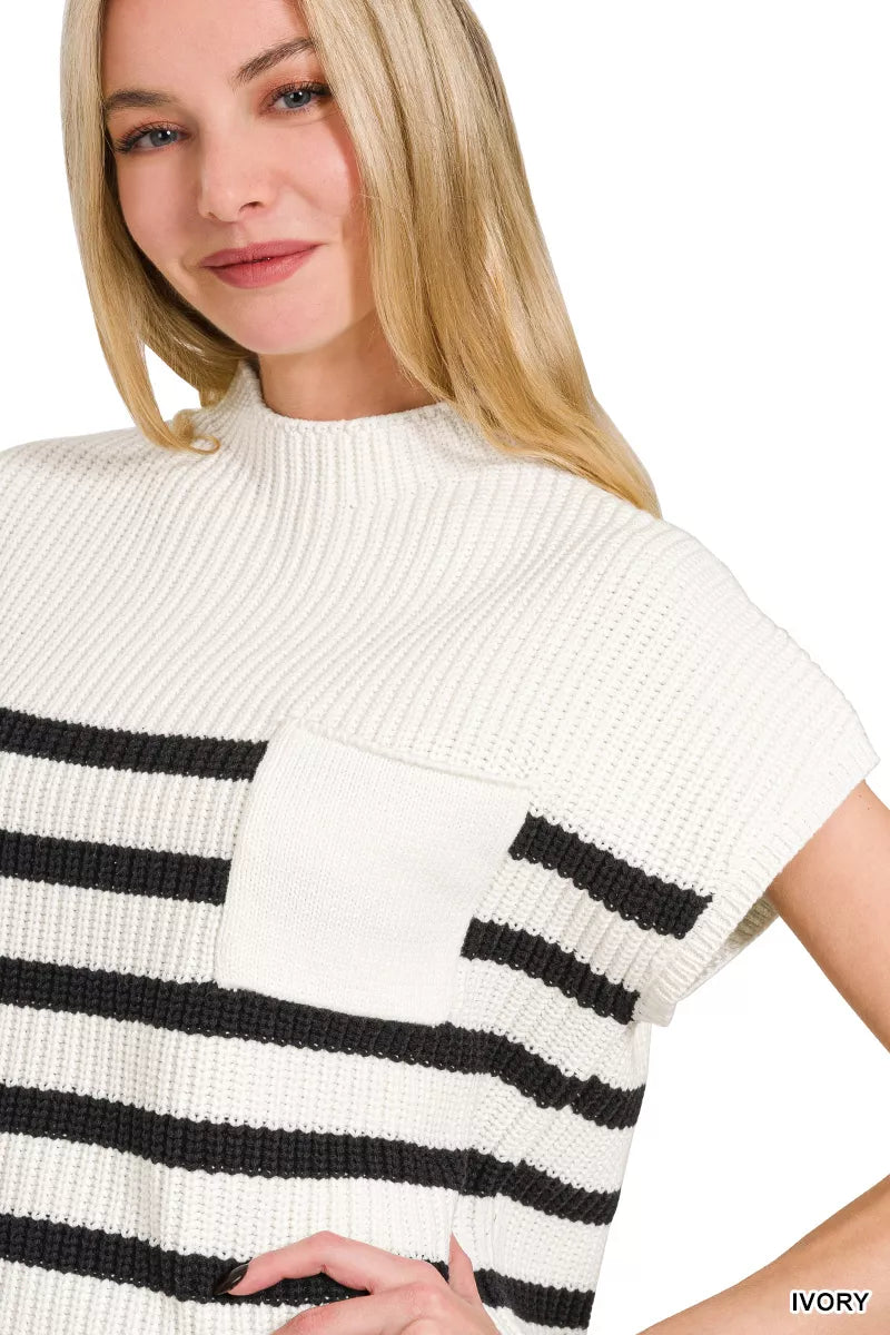 Zenana Womens Sweater Ivory Stripe Short Sleeve Ribbed Pullover with Pocket 1aec8f77-f73c-4178-90f7-63f7ab5cedfd-Max-Origin Trendsi