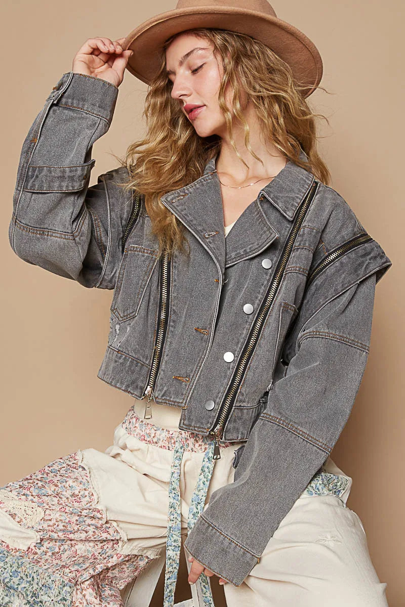 POL Cropped Denim Jacket Dark Gray with Removable Zipper Long Sleeves 1af3c75f-78ee-4bca-a862-d183901be137-Max-Origin Trendsi
