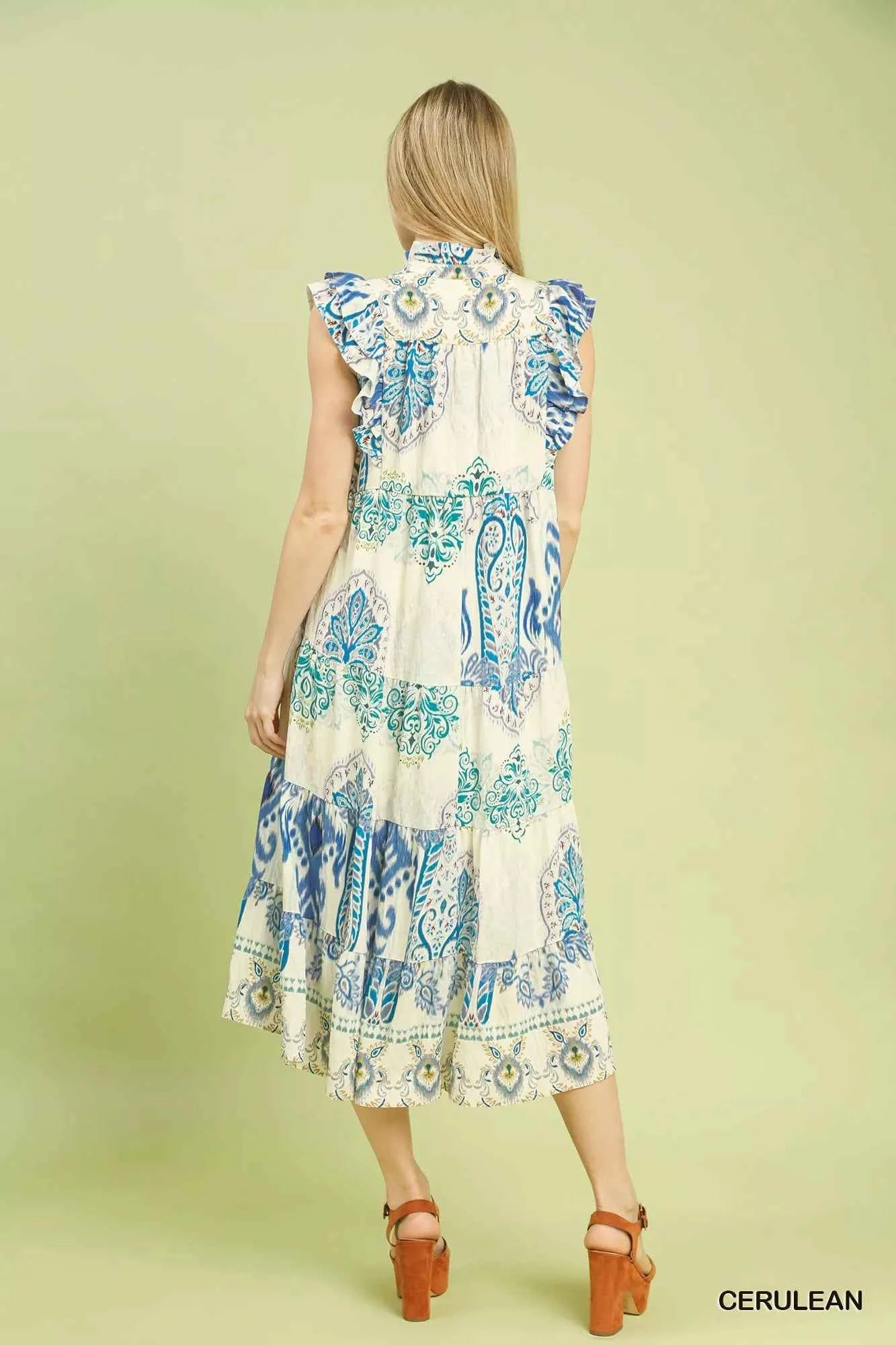 Umgee Midi Dress Blue Boho Boarder Print Ruffle Short Sleeve 1afbc20a-150a-4f46-985d-742bfdb402b8-Max-Origin Trendsi