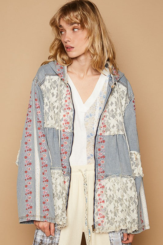 POL Jacket Floral Embroidered Lace Patch Zip Up Hooded Long Sleeve Coat