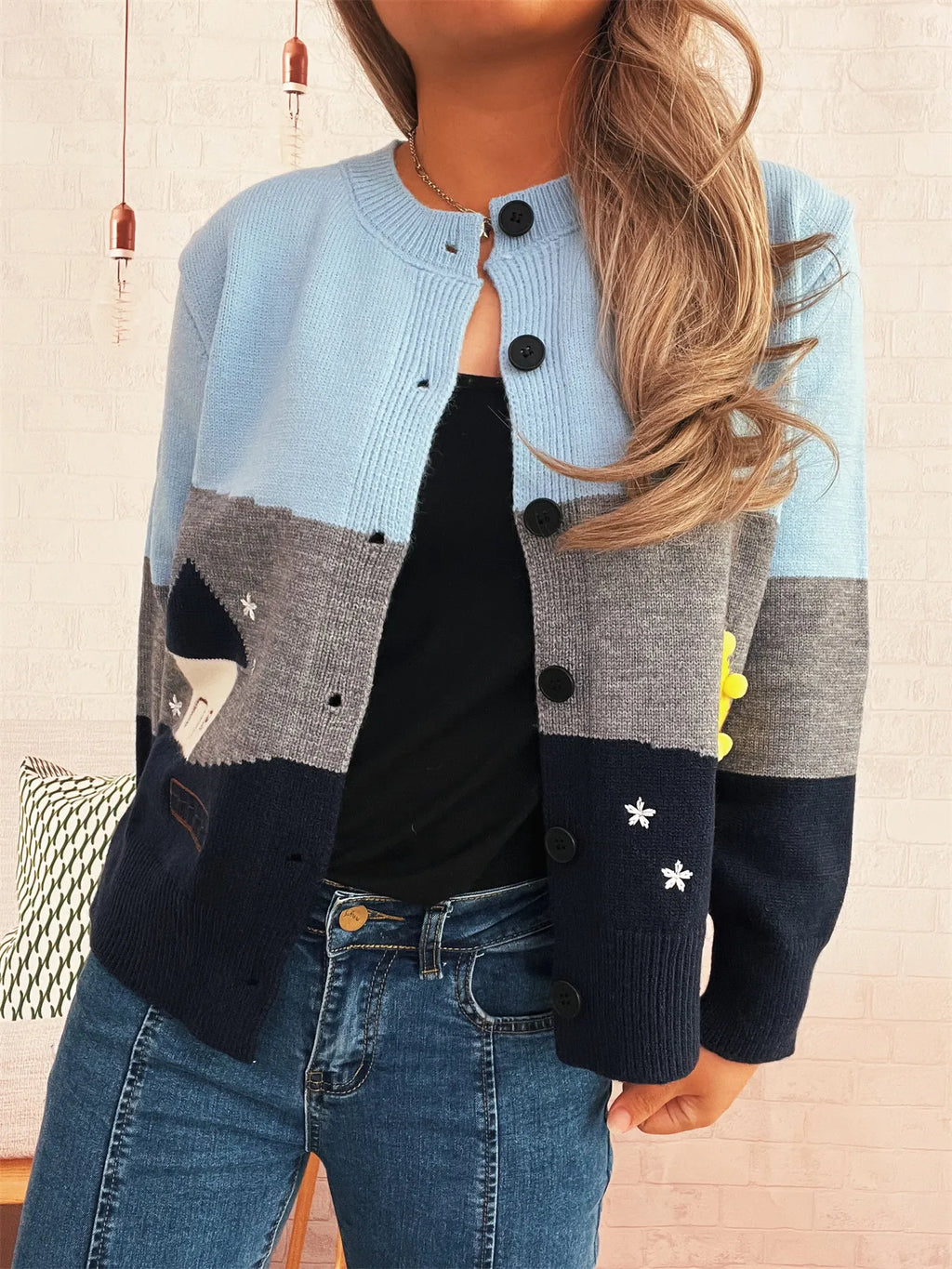 Women's Cardigan Color Block Stripe Button-Up Knit Round Neck Sweater 1b11963a67404de19c66c39ab1650280-Max-Origin Trendsi