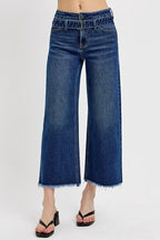 RISEN Women's Jeans Wide Leg Buckle Raw Hem Cropped Dark Washed Basic Style 1b1508d8-cde6-4707-916c-77459913a00a-Min Trendsi