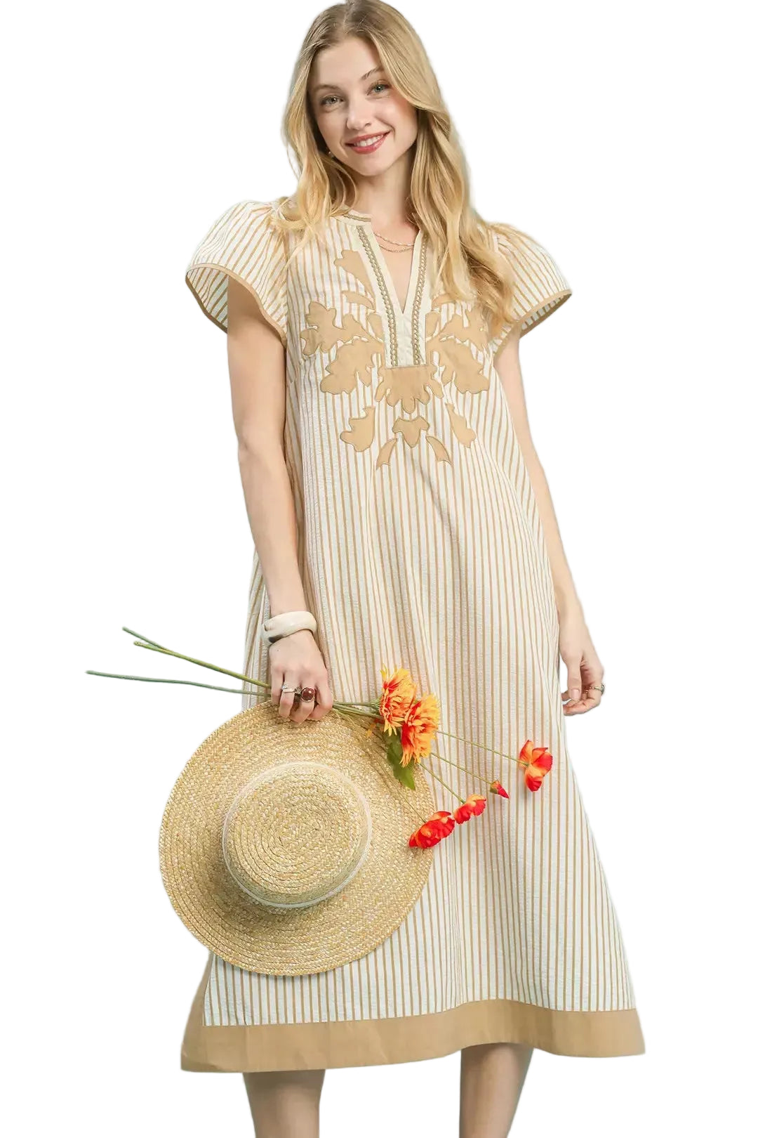 Umgee Striped Midi Dress with Lace Trim