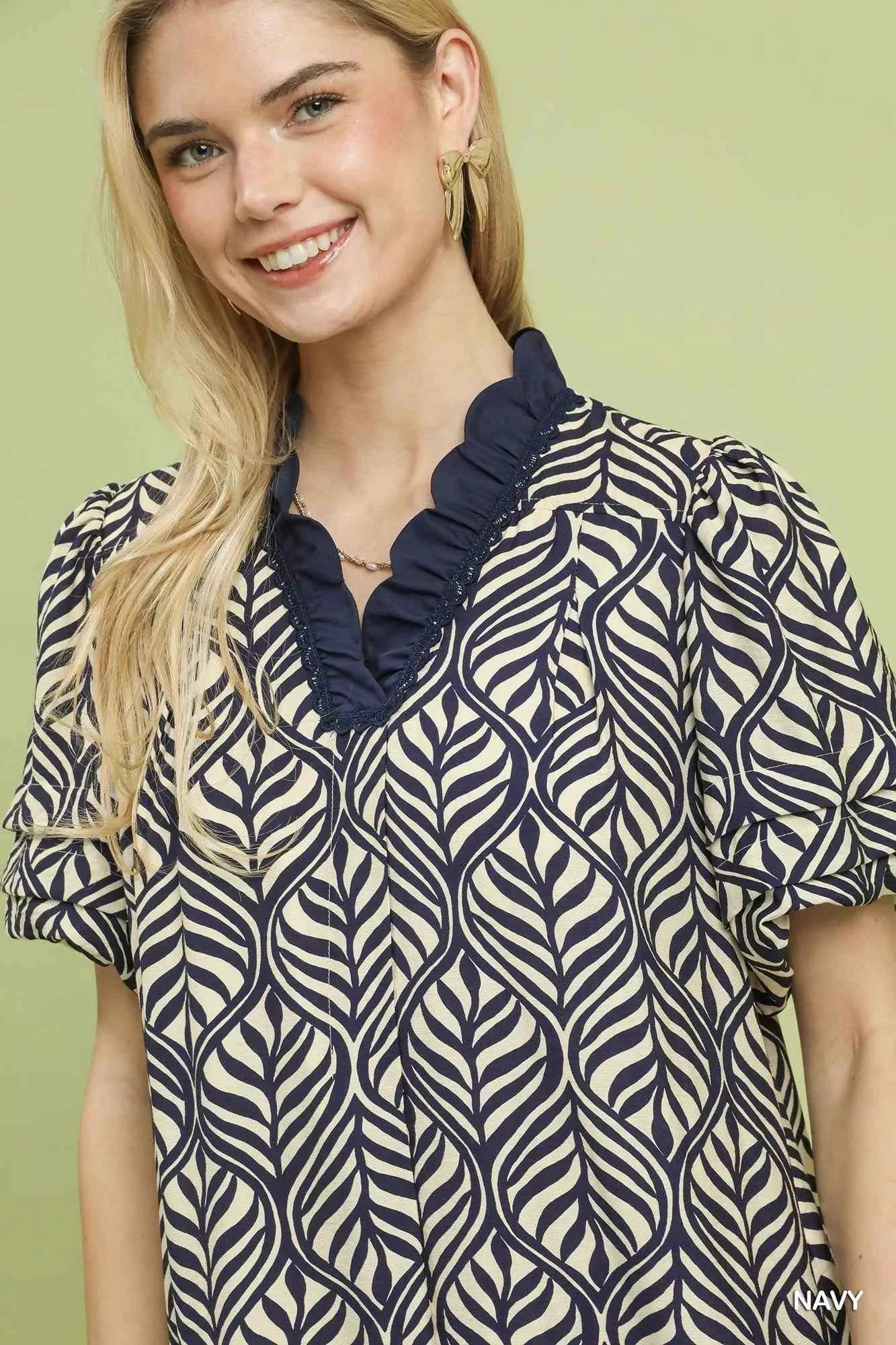 Umgee Leaf Print Ruffle Neck Midi Dress