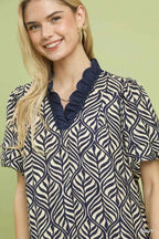 Umgee Leaf Print Ruffle Neck Midi Dress