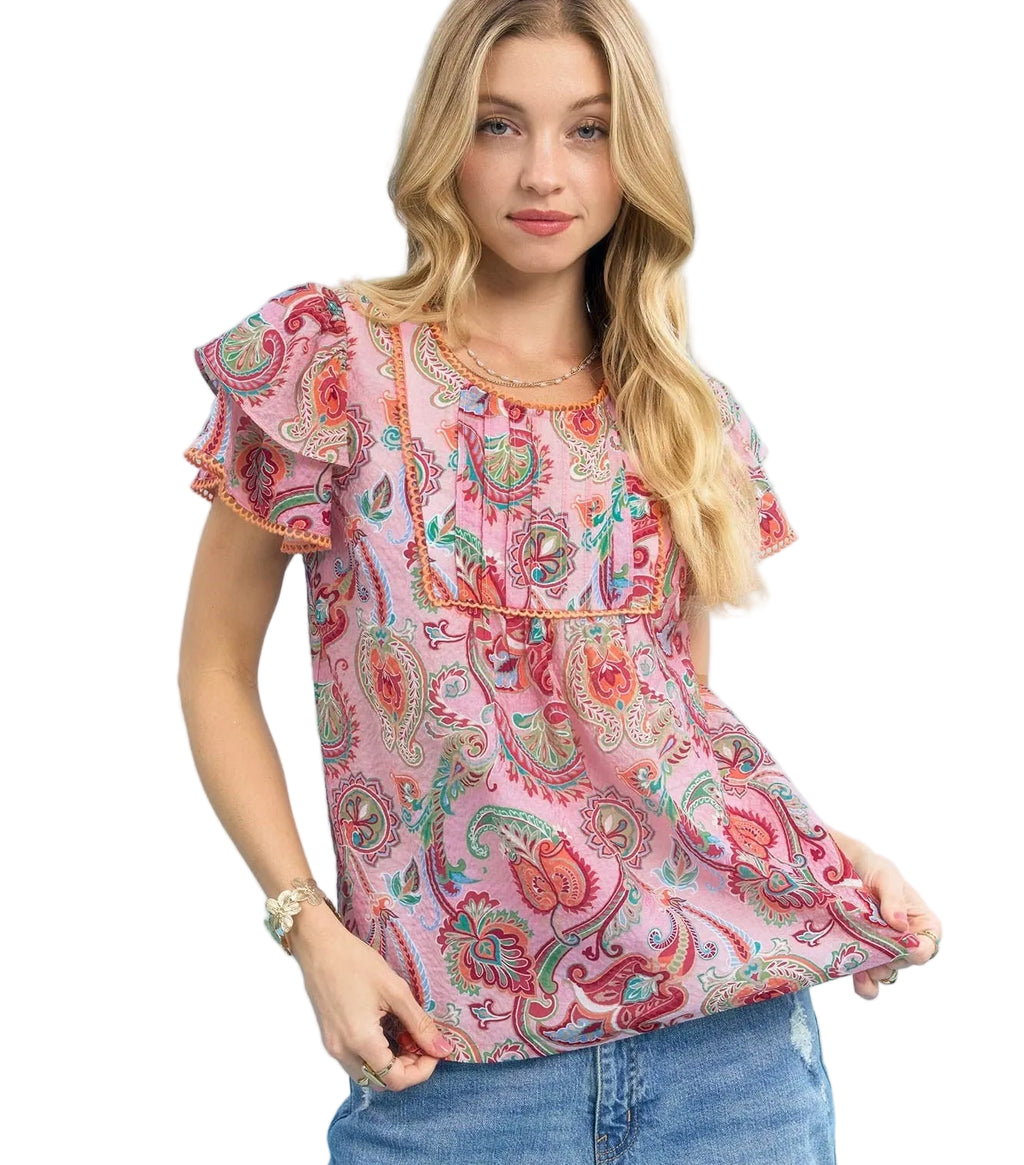 Umgee Mix Paisley Ruffle Sleeve Top