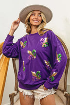 BiBi Sweatshirt Purple Mardi Gras Fleur De Lis Sequin Patches Long Sleeve Top 1b25571082b54c8c8a0d5cd4f1a453aa-Max-Origin Trendsi