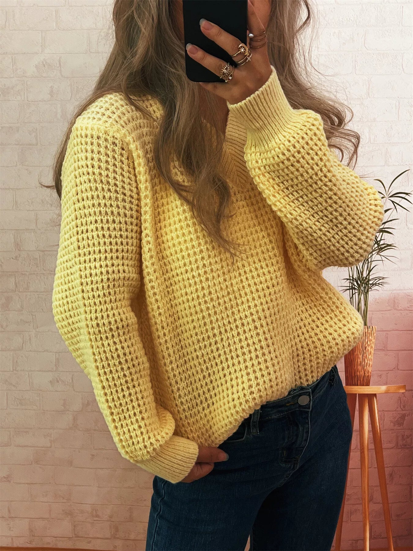 Women's Sweater V-Neck Textured Knit Loose Pullover 1b2a654067c246a8a42ee31b463b634c-Max-Origin Trendsi