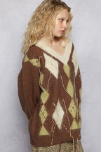 POL Sweater V-Neck Mocha Argyle Pattern Mohair with Contrast Exposed Stitch 1b2b81ae-6bf1-4135-b59b-3c6ca5bac9b6-Max-Origin Trendsi