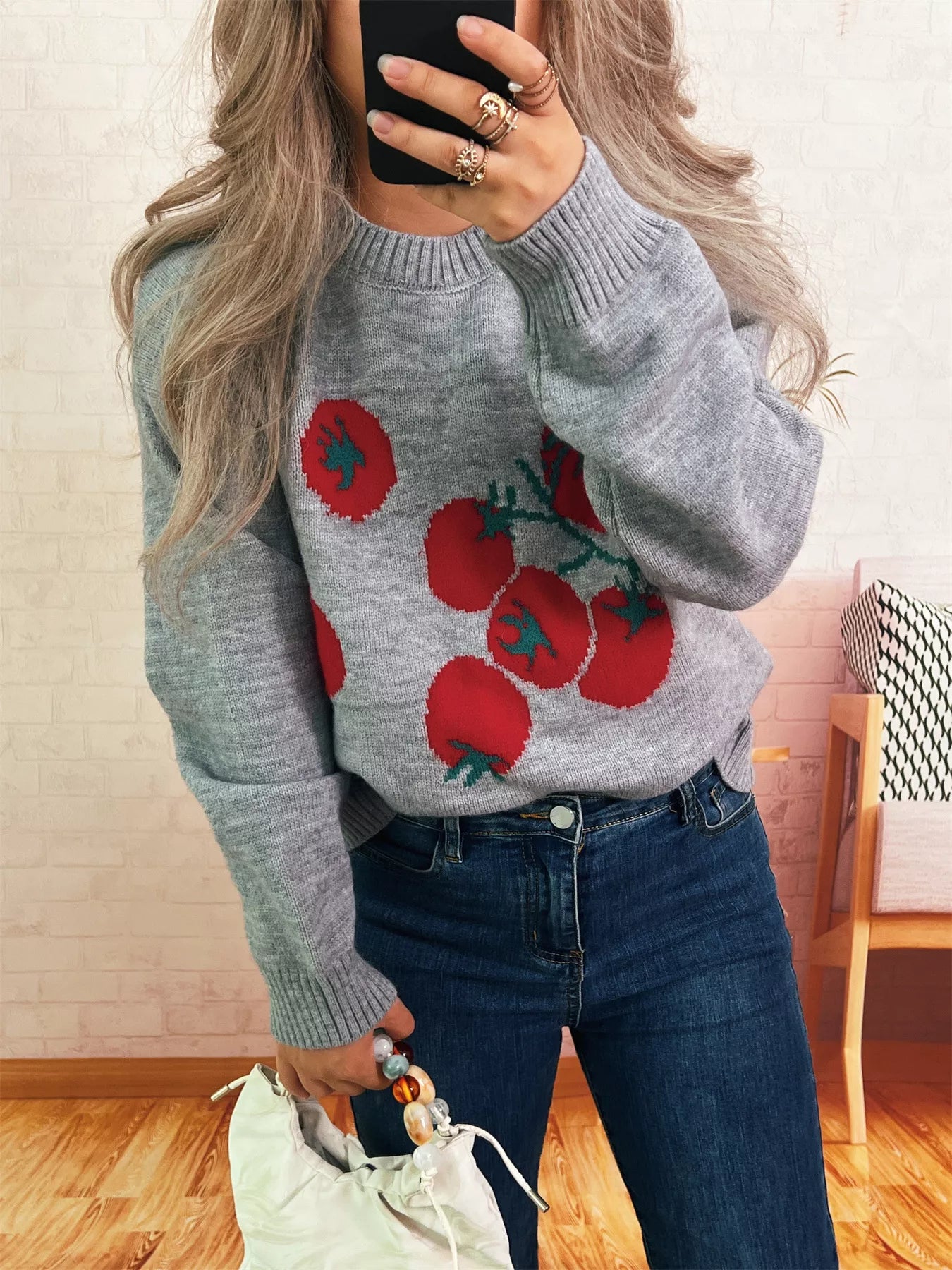 Women's Sweater Persimmon Round Neck Long Sleeve Pullover 1b3334a523da4b3a99fb6df0e8cf95b0-Max-Origin Trendsi