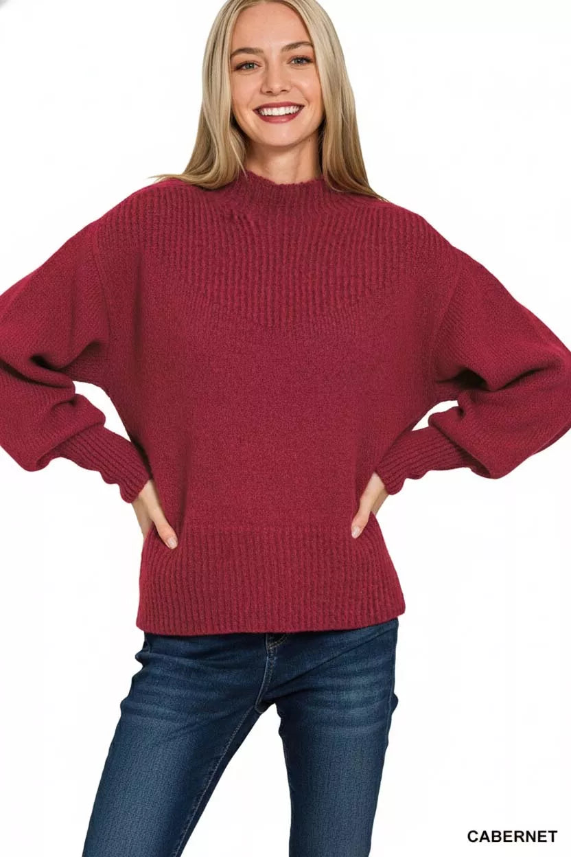 Zenana Womens Sweater Red Knit Balloon Sleeve Mock Neck Solid Pullover 1b33ff6e-15a8-42ab-b6ae-94fd479401ef-Max-Origin Trendsi