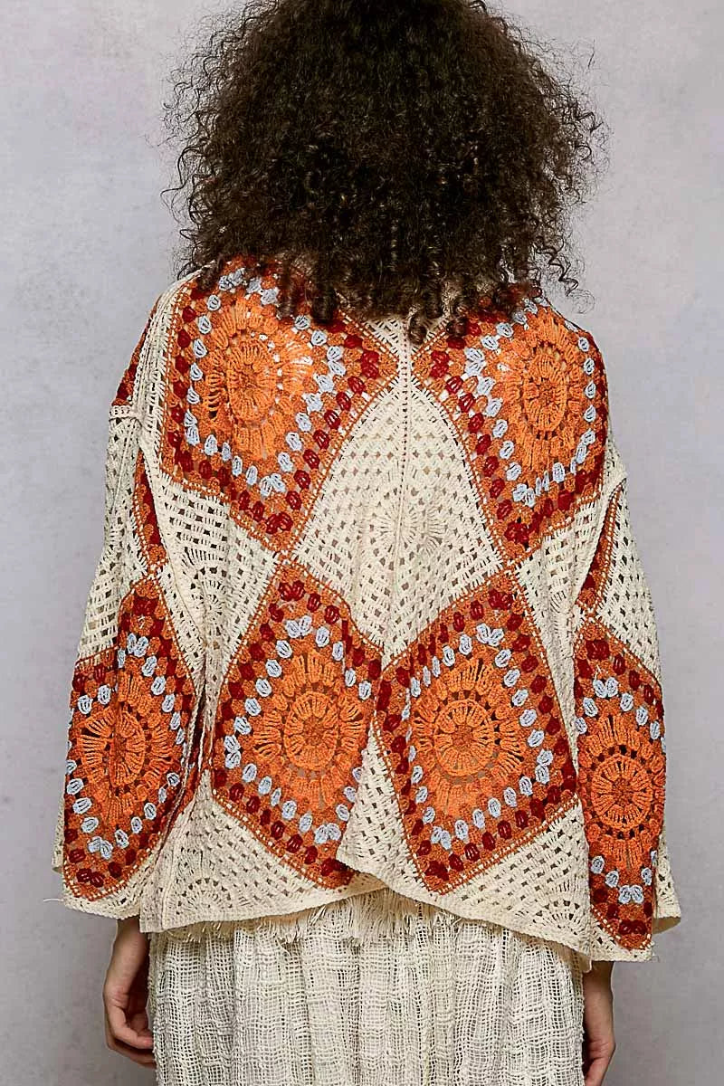 POL Crochet Cardigan Ivory Orange Open Front with Granny Square Pattern 1b3603da-705e-4316-a34b-e0975c03bfe8-Max-Origin Trendsi