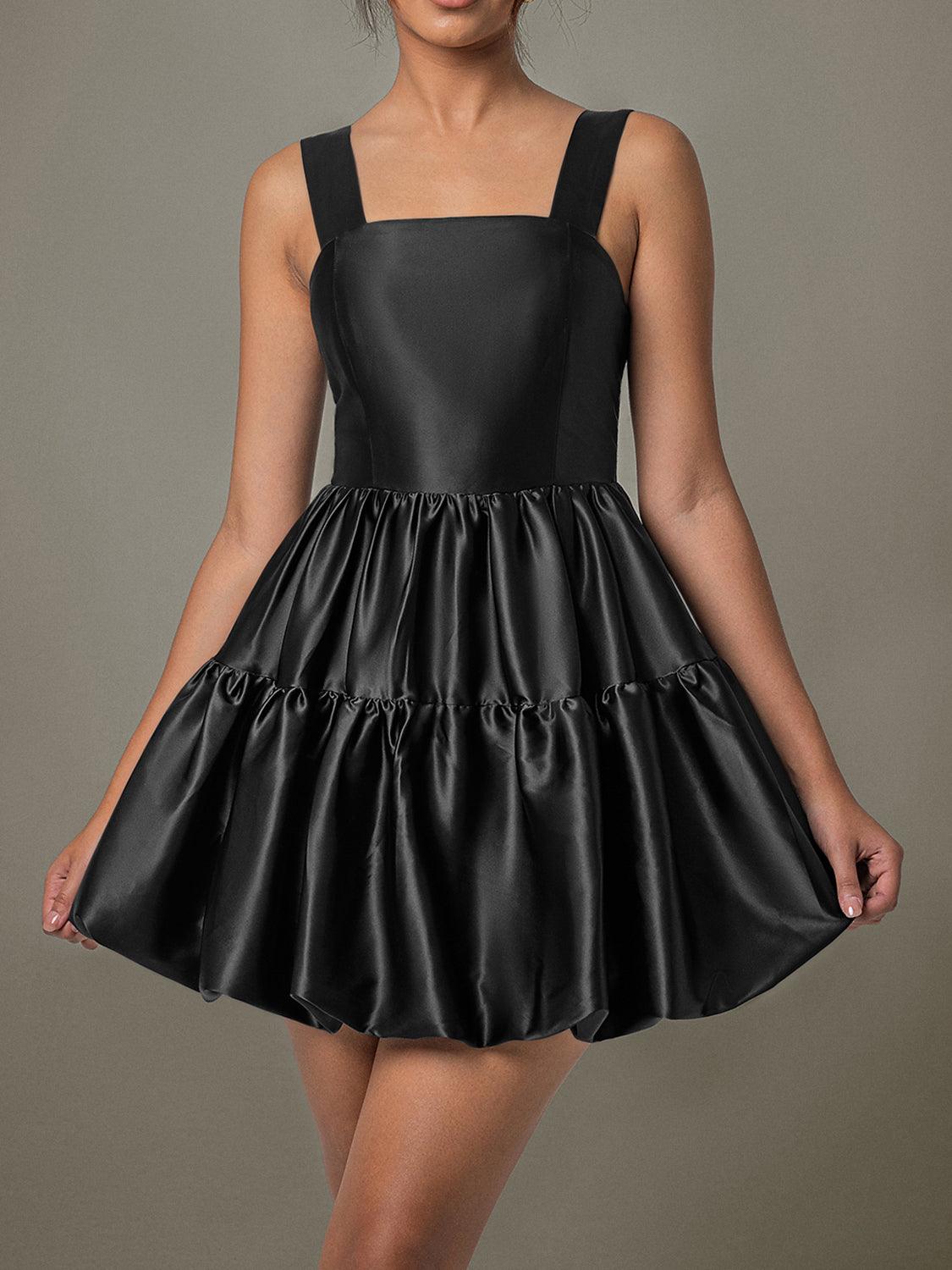 Ruched Black Mini Dress Square Neck Wide Strap Ruffle High Waisted 1b36559e-b6f5-4453-b5c3-1d811b91e4b9-Max Trendsi