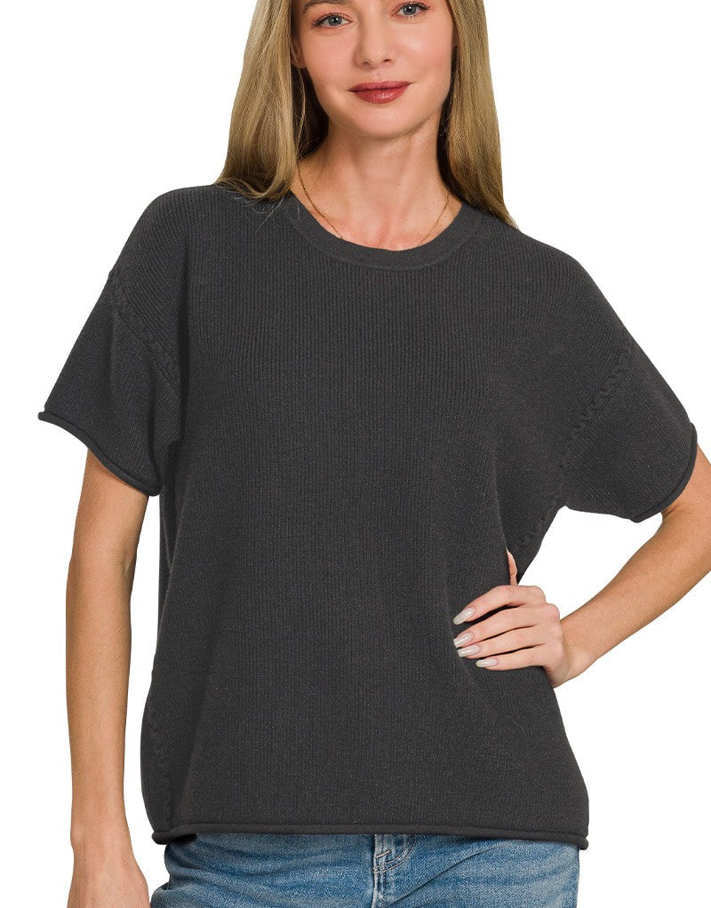 Zenana Viscose Round-Neck Short Sleeve Sweater