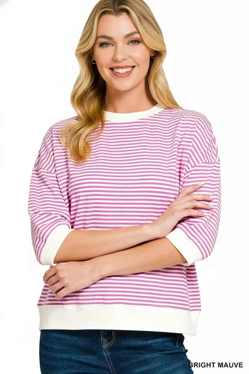 Zenana Women T-shirt Mauve Striped Contrast Trim Banded Bottom Top 1b3ef541-4c97-44bd-95cb-99a4ef46d235-Max-Origin Trendsi