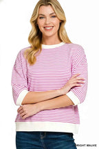 Zenana Women T-shirt Mauve Striped Contrast Trim Banded Bottom Top 1b3ef541-4c97-44bd-95cb-99a4ef46d235-Max-Origin Trendsi