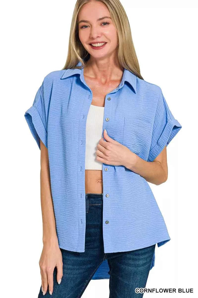 Zenana Women Shirt Blue Woven Airflow Short Sleeve Top 1b4a1f11492e4c20b45d0a5c2af36423-Max-Origin Trendsi