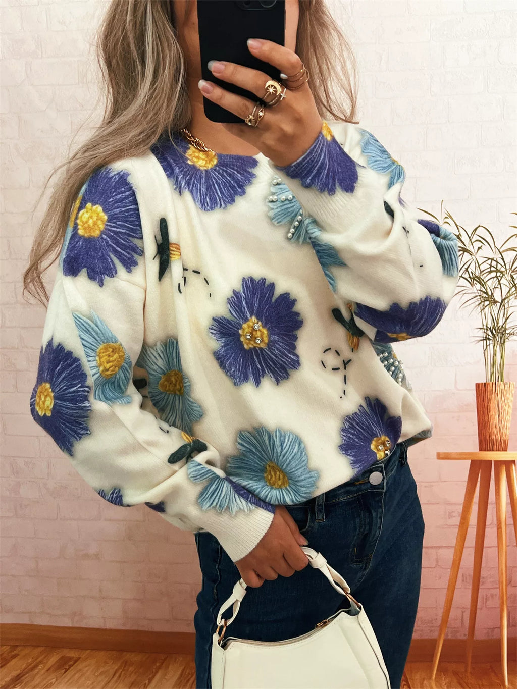 Women's Sweater Pearl Detail Flower Embroidered Round Neck Knit Pullover 1b4c866d3cd240b6ab95b53d0fabdddb-Max-Origin Trendsi