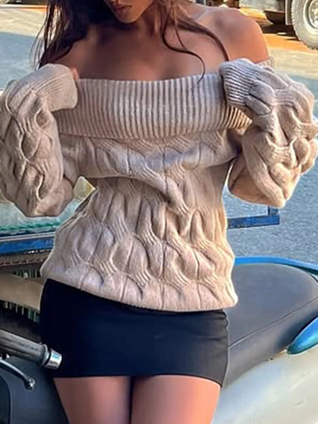 Women's Sweater Off-Shoulder Cable Knit Long Sleeve Pullover Khaki 1b4d99aacc8d4c308c66106c8a36d4c5-Max-Origin Trendsi