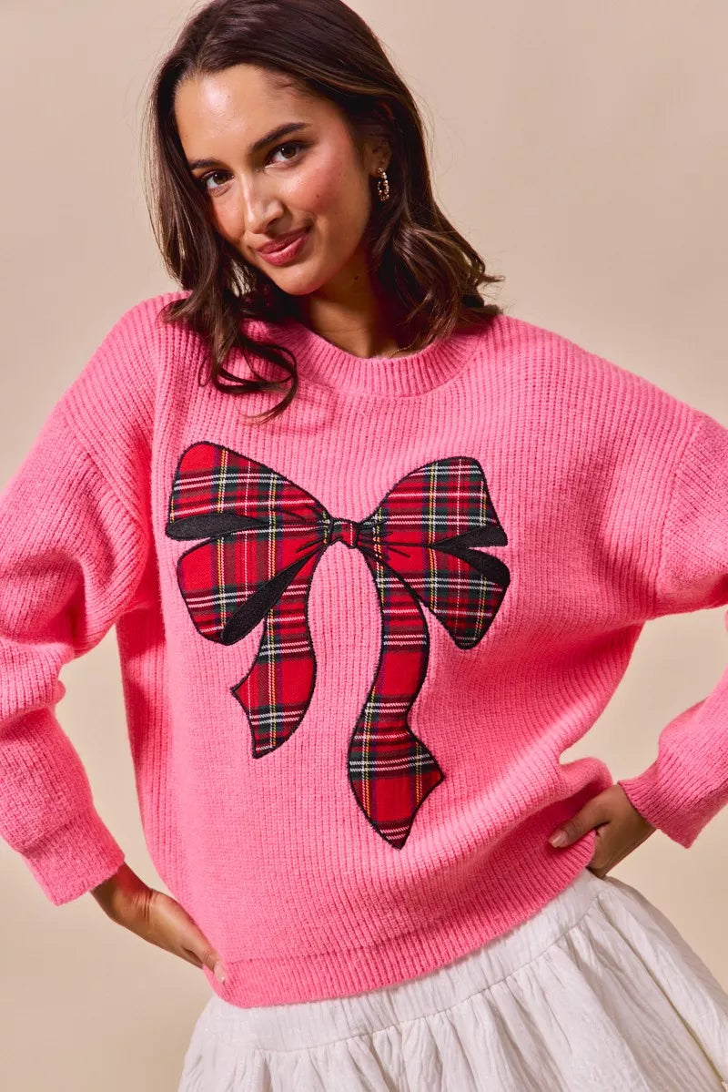SO ME Womens Christmas Holiday Sweater Pink with Checker Plaid Ribbon 1b503a450a3e4ea2888053f9e872aa22-Max-Origin Trendsi
