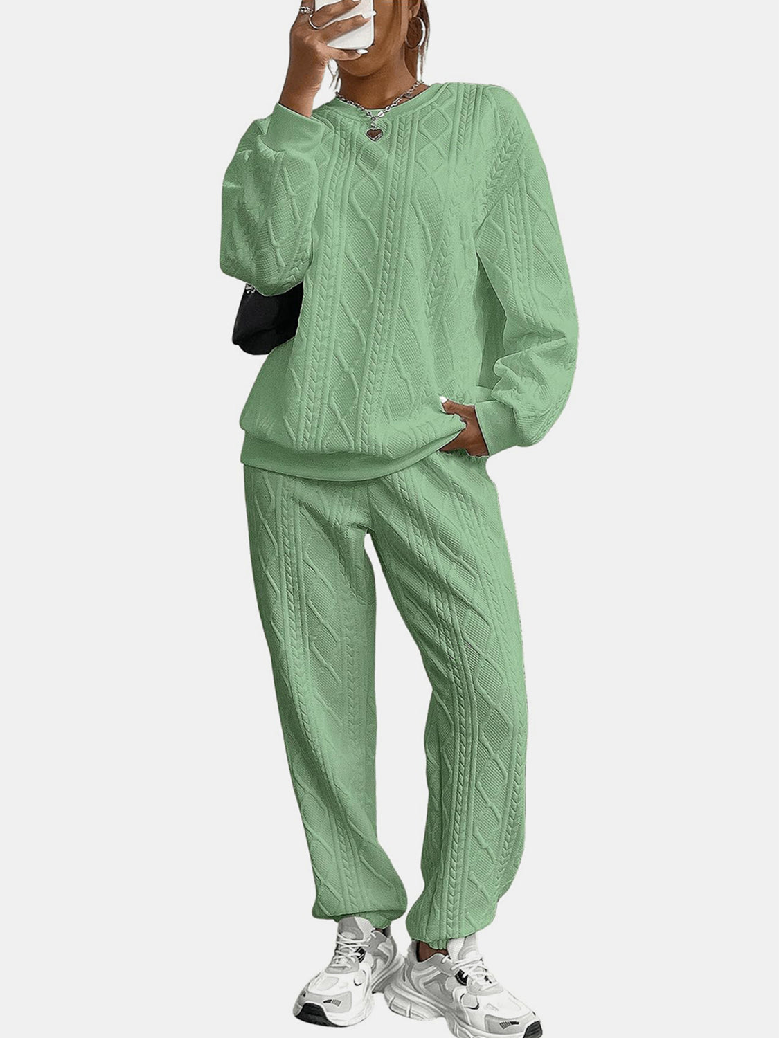 Women’s Set Sweatshirt Textured Diamond Long Sleeve Top And Pants 2 Pcs Gum Leaf 1b52b0af-c945-48e5-bc34-bcee59a260cb-Max Trendsi