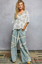 POL V-Neck Crochet Top with Scalloped Hem
