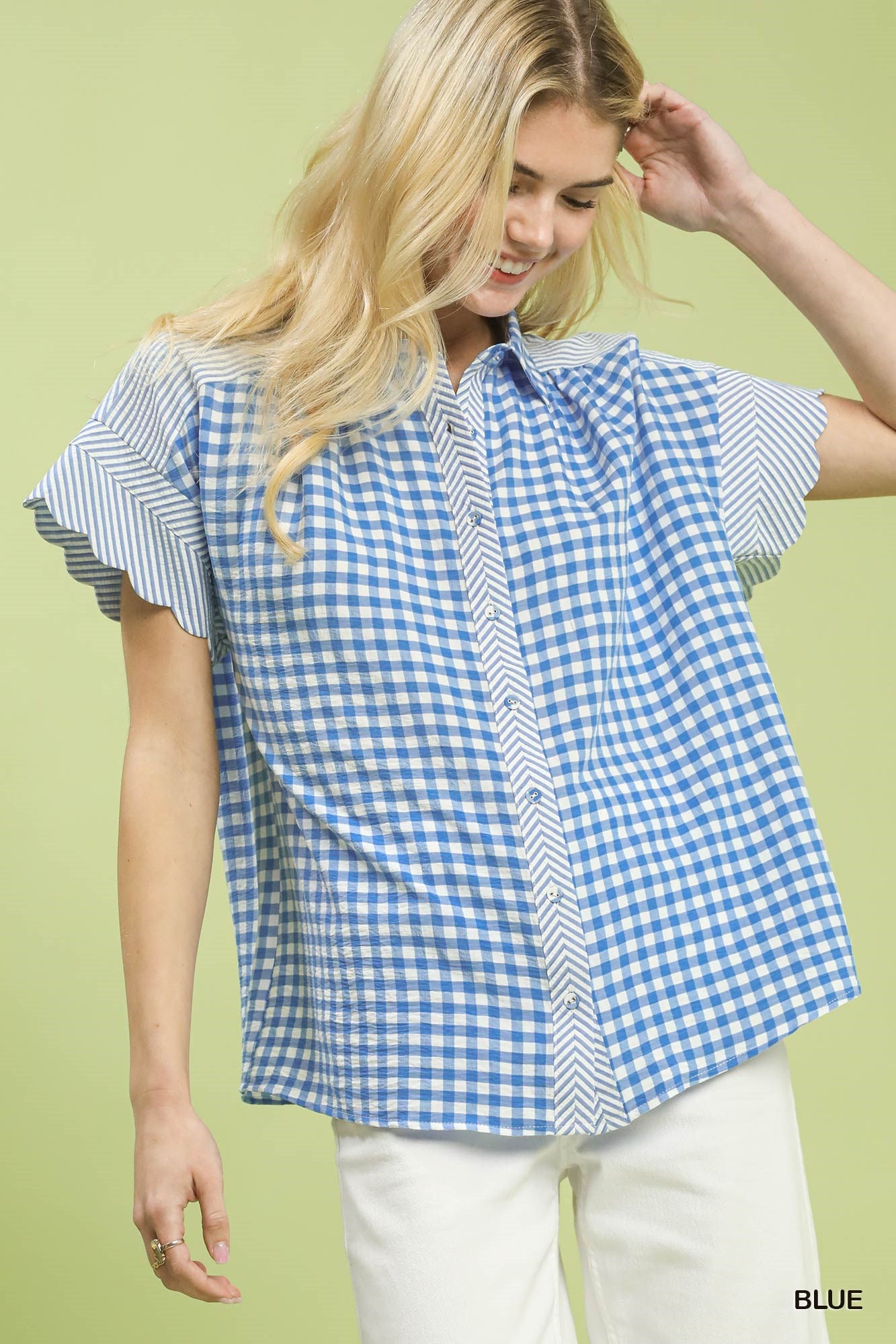 Umgee Mixed Gingham Short-Sleeve Shirt
