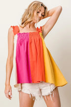 BiBi Top Frill Shoulder Strap Color Block Bodice Babydoll Blouse Fuchsia Coral 1b578f4add154850b05d4e44714f3590-Max-Origin Trendsi
