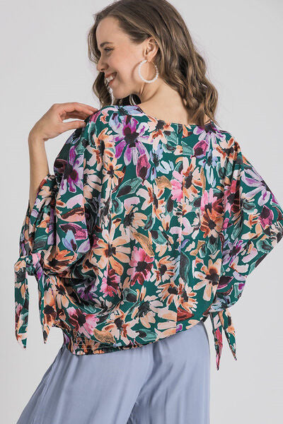 Umgee Blouse Green Floral Mix Print V-Neck Tie Long Sleeve Top Plus Sizes 1b5830f4-ff72-4841-9739-797de28bc1fb-Min Trendsi