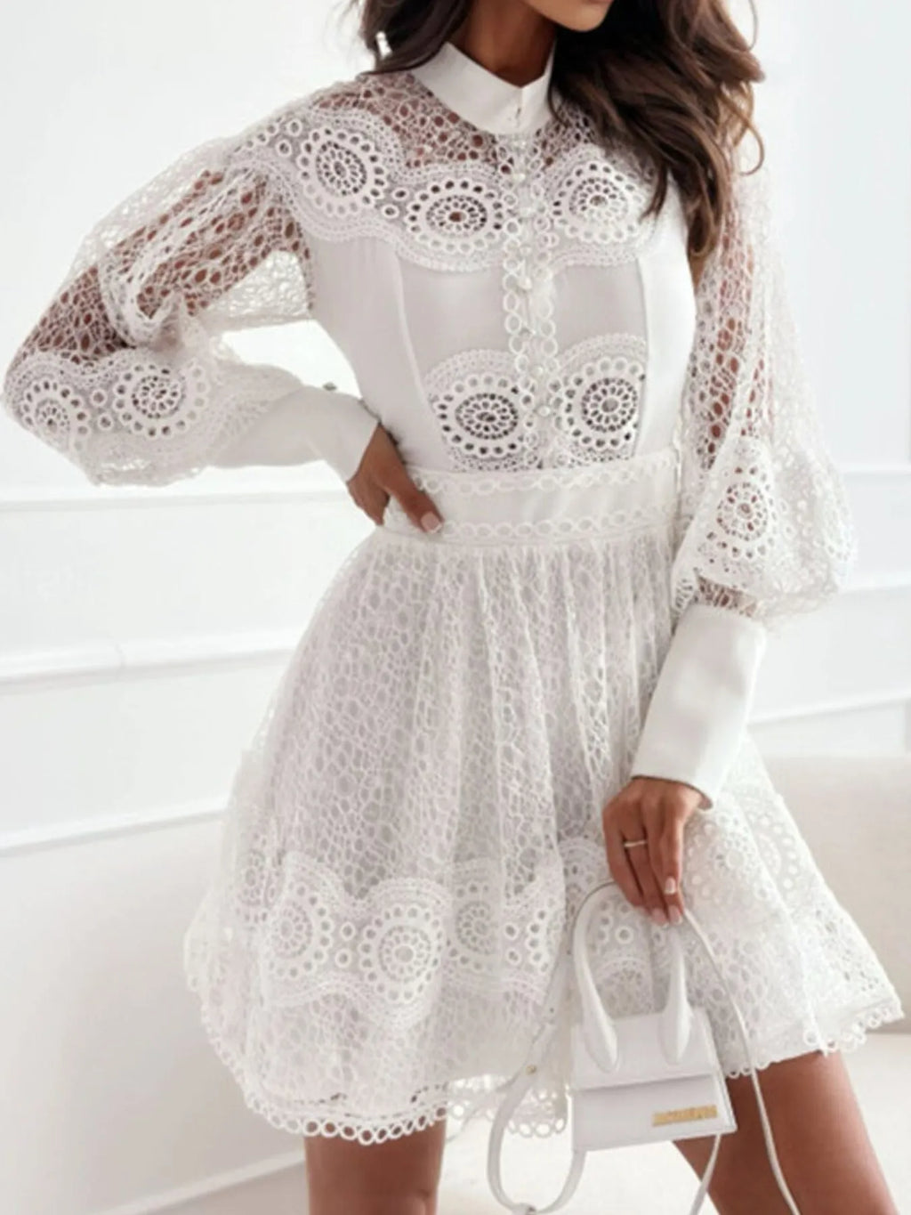 Mini Dress Floral Lace Lantern Long Sleeve Pearl Button High Neck Ruffled 1b601a29-31f7-4846-b480-fa170fa706ce-Max-Origin Trendsi