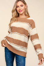 Haptics Striped Sweater Contrast Distressed Long Sleeve Pullover Camel Ivory 1b721632-6448-48c7-b6d8-8e2dcaf756b5-Max Trendsi