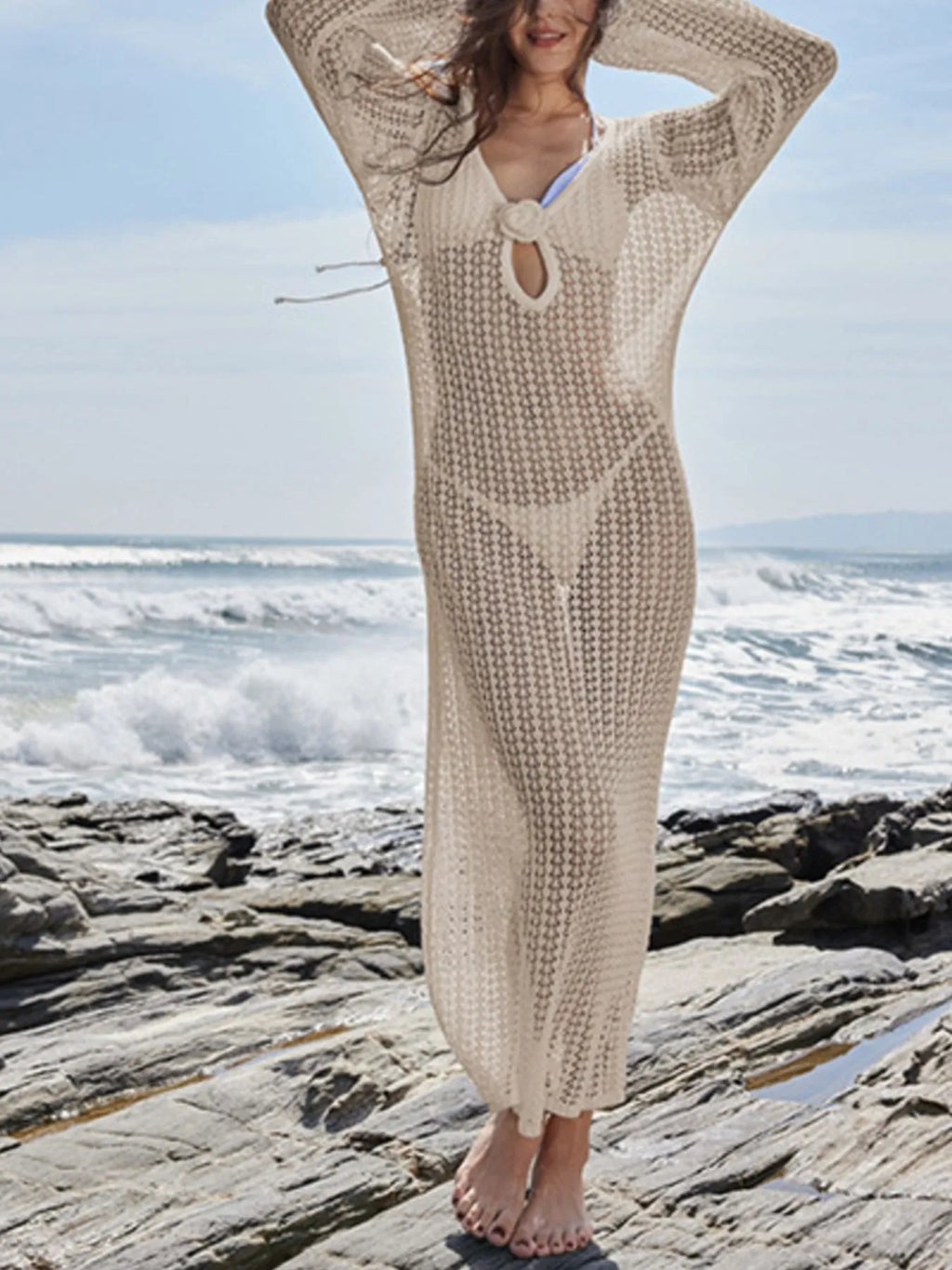 Swimwear Cover-Up Maxi Dress Knit Long Sleeve Backless Tied Beige 1b84dd84-745f-442e-835f-43b31775b0c8-Max-Origin Trendsi