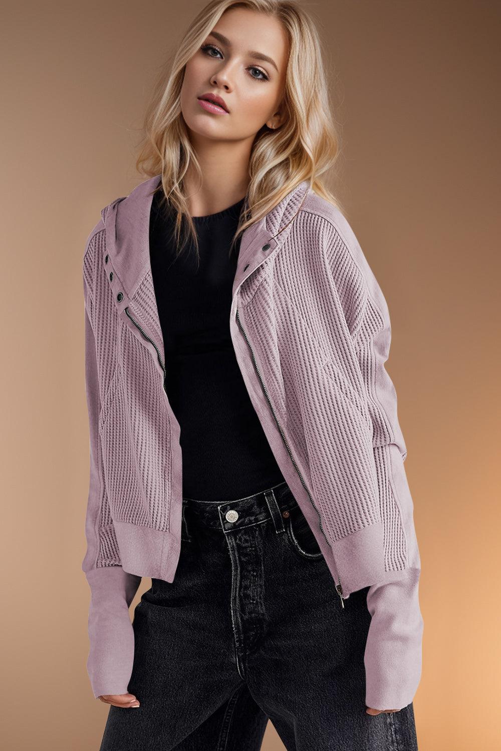 Double Take Hooded Jacket Waffle-Knit Zip Up Long Sleeve Pink Purple 1b8960b9-996e-44b4-9c0f-7675defe5b29-Max Trendsi