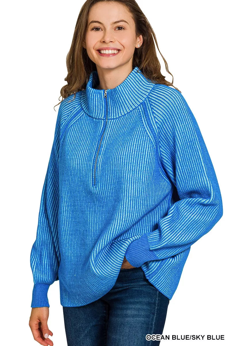 Zenana Womens Sweater Sly Blue Ribbed Two Tone Half Zip Top 1b92ec1892c547cfbbe79f49dca00001-Max-Origin Trendsi