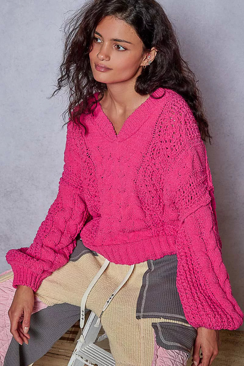 POL Womens Sweater Fuchsia Cable-Knit Solid V-Neck Cropped Oversized 1b97b83f-0f2a-4d03-8332-a1795ebbcb91-Max-Origin Trendsi