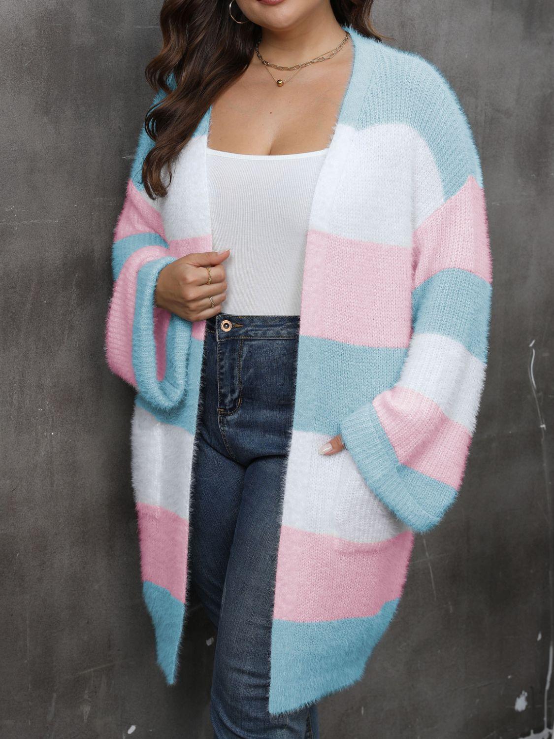 Plus Size Cardigan Striped Open Front Long Sleeve Knitwear 1ba6689c-80fb-4305-9b96-5d4a3e705a11-Max Trendsi