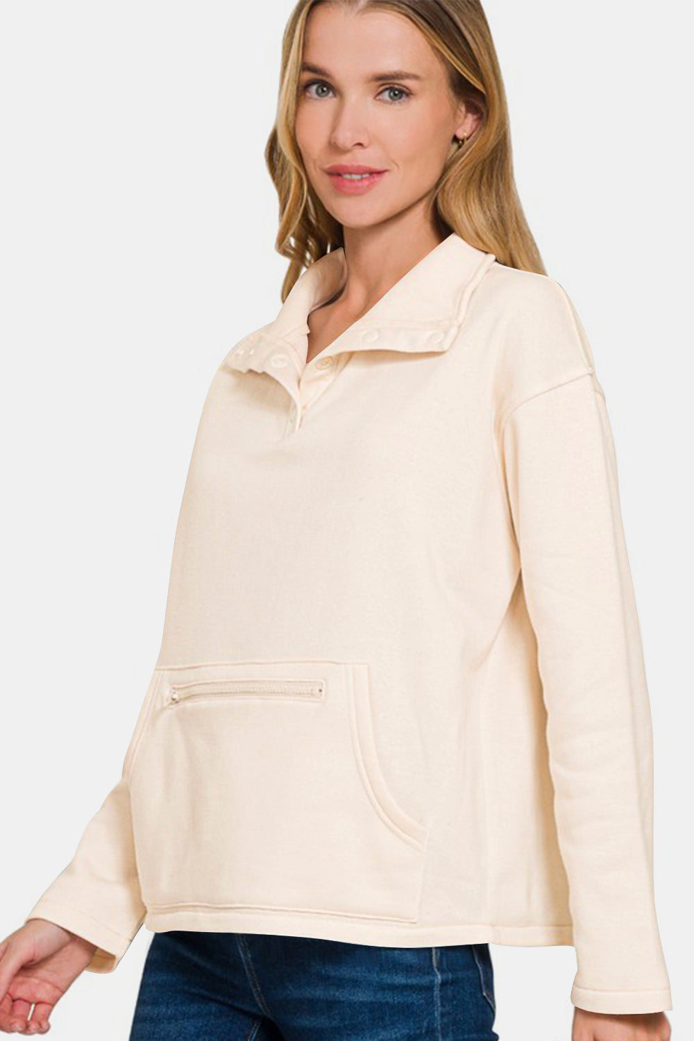 Zenana Sweatshirt Cream Turtleneck Half Snap Fleece Women Long Sleeve