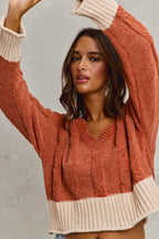 SO ME Cropped Sweater Rust Contrast Chenille Cable Knit V Neck Top 1bb110979c2443dcbab32f6e8df64ae0-Max-Origin Trendsi