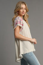 Umgee Blouse Linen Cotton Round Neck High Low Hem Frayed Top 1bb1adbe-2209-46bf-872e-eee192b5c6d3-Max Trendsi