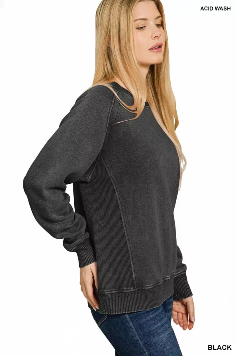 Zenana Womens Fleece Sweatshirt Black Acid Washed with Side Rib Top 1bbaa437-487e-4c4a-a49e-cda315791e54-Max-Origin Trendsi