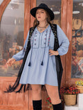 Plus Size Mini Dress with Tie Neck and Tassel Detail, Long Sleeves, A-Line Hem