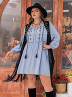 Plus Size Mini Dress with Tie Neck and Tassel Detail, Long Sleeves, A-Line Hem