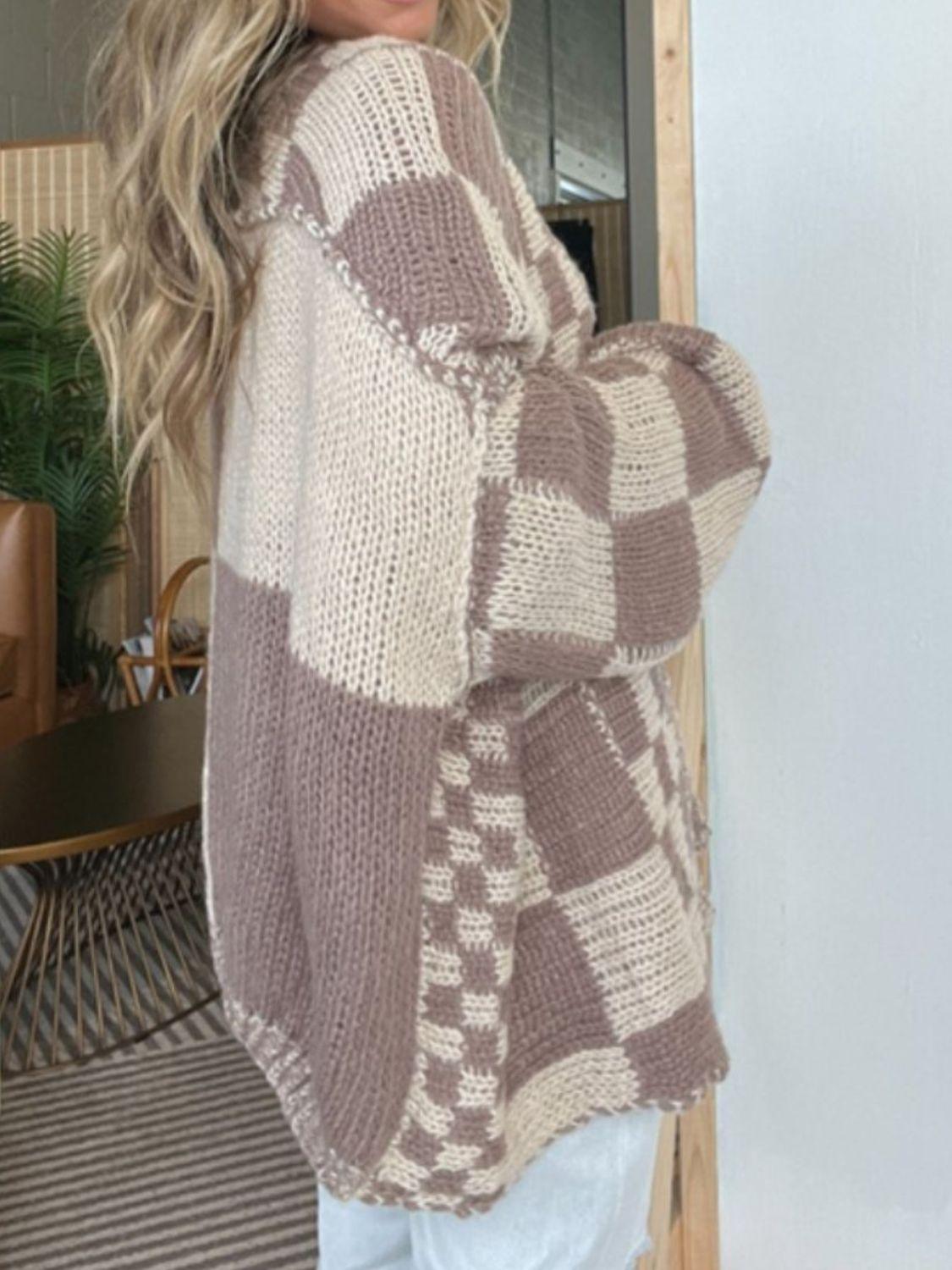 Plaid Cardigan Knit Oversized Open Front Long Sleeve Knitwear 1bce0162-a70d-47e9-8269-35fee7221c7e-Max Trendsi