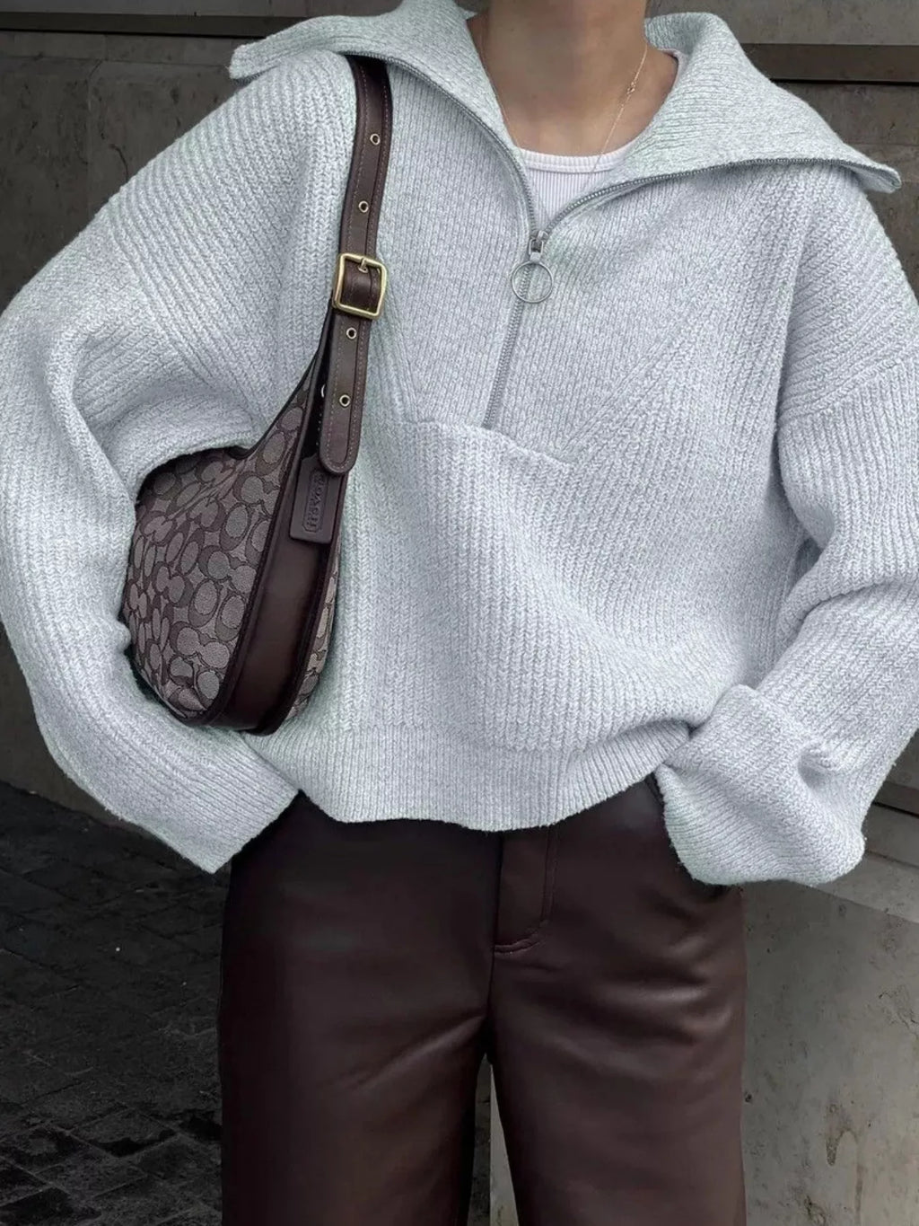 Women's Sweater Half Zip Dropped Shoulder Knit Loose Pullover Gray One Size 1bce893dc2904344b9e16d0e5f83569c-Max-Origin Trendsi