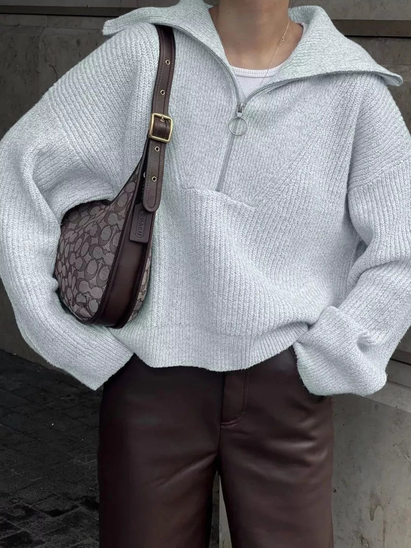 Women's Sweater Half Zip Dropped Shoulder Knit Loose Pullover Gray One Size 1bce893dc2904344b9e16d0e5f83569c-Max-Origin Trendsi